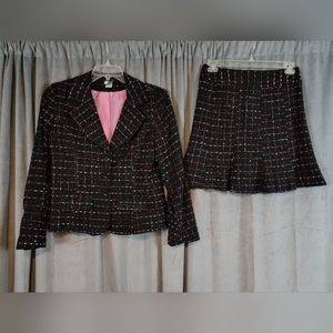 Black with Pink Stripes and Sparkle 2 Pieces Blazer and Skirt Suit Set
